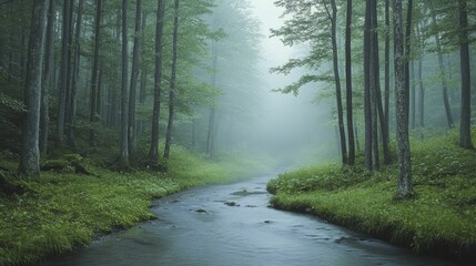 Poster - Serene Woodland Stream Flowing Through Lush Greenery, Capturing the Tranquility of Nature and the Gentle Sound of Water in a Peaceful Forest Setting