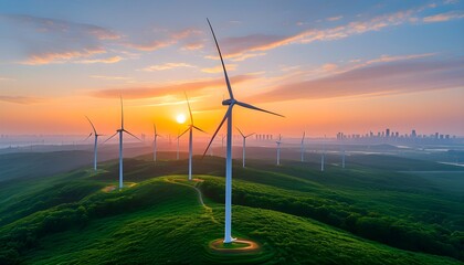 Sunrise over a vibrant green landscape adorned with wind turbines and a bustling city skyline