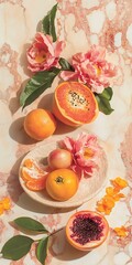 Poster - Pink Flowers and Citrus Fruit Still Life