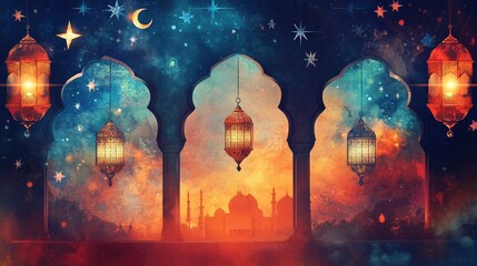 Ramadan Kareem card design with mosque arches, stars, and vibrant lanterns, symbolizing the spirit of Eid.