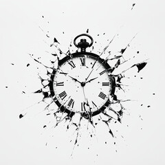 Clock With Black Ink Splatters, Shattered Glass On A White Background, Creating A Dramatic Effect.
