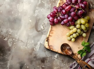 Wall Mural - Fresh Green and Red Grapes on Wooden Cutting Board