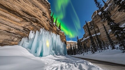 Wall Mural - Northern Lights Reflecting on Ice Wall in Snowy Canyon