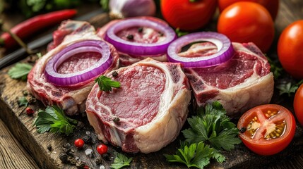 Wall Mural - Raw pork steaks with purple onion rings, parsley, and tomatoes, arranged on a rustic wooden table