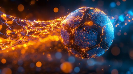 Wall Mural - A glowing soccer ball bursts into the net during an exciting match under stadium lights