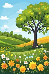 Canvas Print - Spring Landscape with Green Tree and Flowers