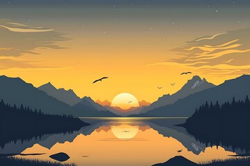 Wall Mural - Sunset Mountain Lake Silhouette Landscape