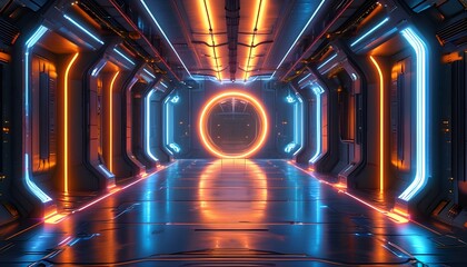 Wall Mural - Futuristic corridor illuminated by glowing neon lights, lined with high-tech equipment, leading to a luminous circular portal