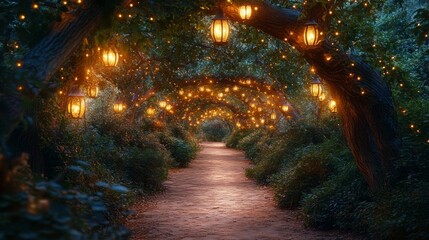 Wall Mural - Enchanted forest pathway illuminated by warm lantern light during twilight hours