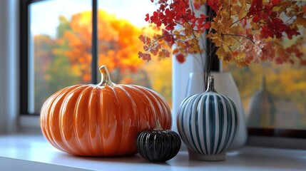 Canvas Print - Beautiful autumn decorations with pumpkins and colorful foliage in a cozy indoor setting