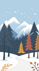 Poster - Snowy Mountain Forest Illustration