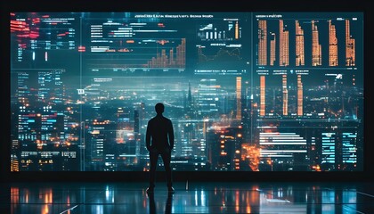 Wall Mural - Futuristic cityscape at night featuring an individual analyzing data on a large digital screen