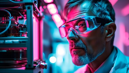 Wall Mural - Scientist in protective glasses analyzing a futuristic machine illuminated by vibrant pink and blue lights