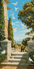 Poster - White Doves Flying Over a Stone Garden