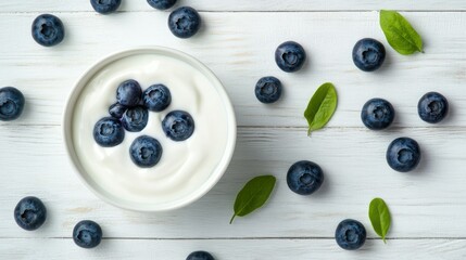 Wall Mural - Top-down view of blueberry yogurt in a white bowl on a white wooden surface, fresh blueberries sprinkled around