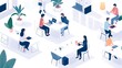 © Lars - Isometric vector illustration of people in an office, working together at tables and desks, against a white background.