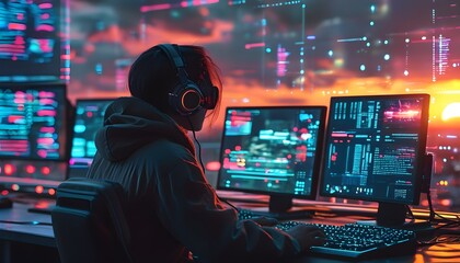 Wall Mural - Futuristic workstation with headphones immersed in cityscape sunset, surrounded by glowing data points and multiple digital interfaces