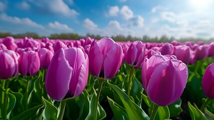 Tulip Fields Stroll, vibrant tulip blooms stretch across the landscape, a serene path inviting exploration and appreciation of nature's beauty.