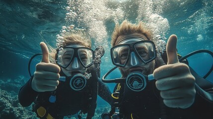 Wall Mural - Diver in deep sea with thumbs up gesture