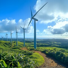 Wind Turbines in Motion, A serene landscape showcasing wind turbines gracefully turning against a clear blue sky on a breezy day.