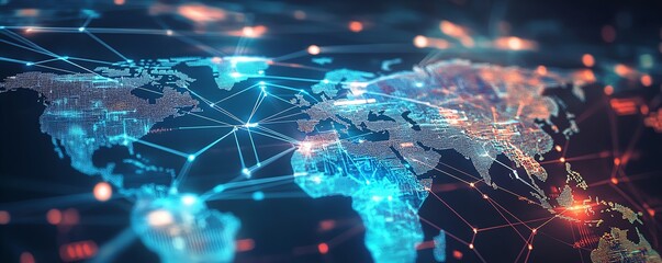Digital world map with network connections