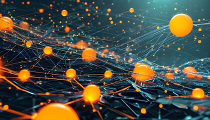 Poster - Futuristic digital landscape featuring a glowing orange sphere connected by intricate network lines and illuminated nodes in a high-tech atmosphere