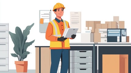 Illustration of a construction worker in safety gear, holding a digital tablet in a modern office with boxes and a plant in the background.