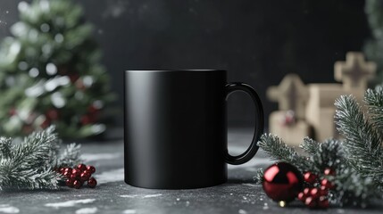 black blank mug mock up, christmas themed background