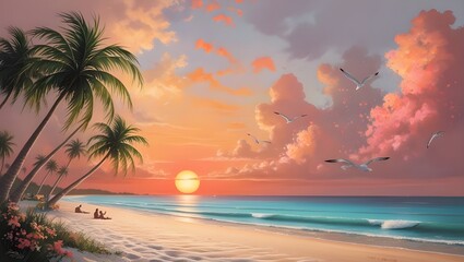 tranquil beach at sunset.