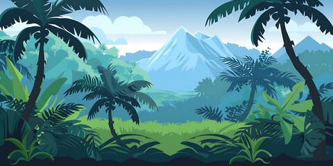 Poster - Tropical Rainforest Landscape With Palm Trees and Mountain