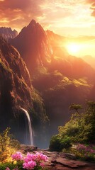 Poster - Majestic Mountain Waterfall at Sunset