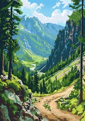 Sticker - Mountain Landscape Painting in Green Hues