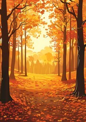 Canvas Print - Autumn Forest Landscape Illustration With Orange And Yellow Foliage