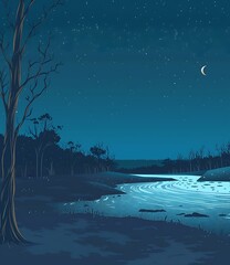 Wall Mural - Night Sky with Stars and Crescent Moon over a River