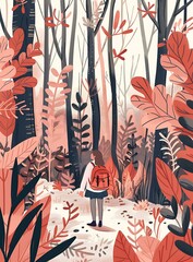 Girl with Backpack Walking in Forest