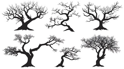 Wall Mural - A collection of six stylized black silhouettes of trees with varying shapes and branches.