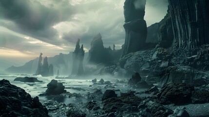 Dark and Misty Landscape With Dramatic Rock Formations