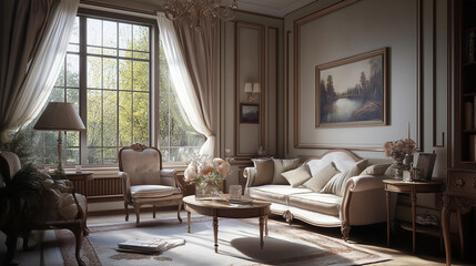 Elegant living room interior with classic furniture and natural light, featuring floral arrangements