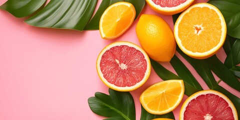 Wall Mural - Fresh Citrus Fruits and Green Leaves on Pink Background