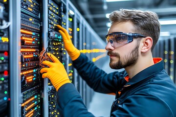 Aufkleber - A technician adjusting servers in a data center, optimizing storage and processing capacity
