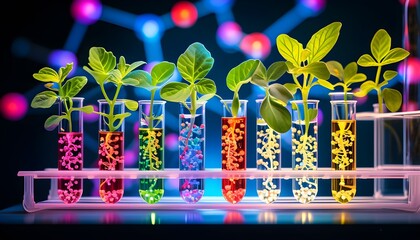 Poster - Illuminated test tubes containing plants represent innovation in molecular biology and advancements in genetic engineering