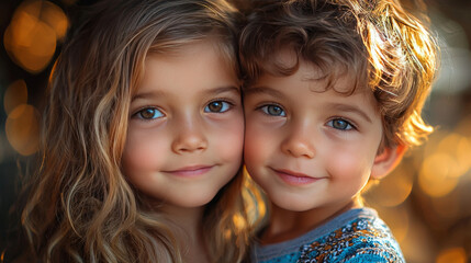 Wall Mural - A young girl and boy look directly at the camera with big smiles.