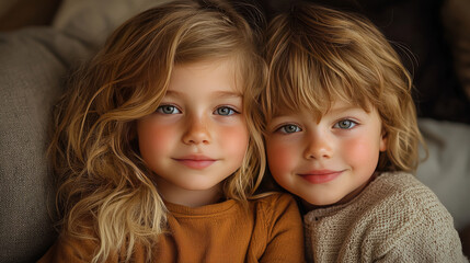 Wall Mural - Two young children, a girl and a boy, smile at the camera with their arms around each other.