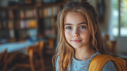 A young girl with a bright smile stands in a classroom, ready to learn.