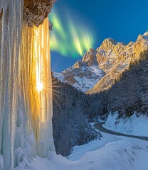 Wall Mural - Sun Shining Through Ice Wall in Mountains