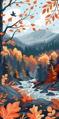 Poster - Autumn Forest River Landscape Illustration