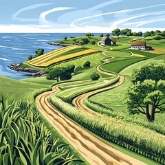 Wall Mural - Winding Country Road Through Lush Green Fields And Past Houses Near The Coast