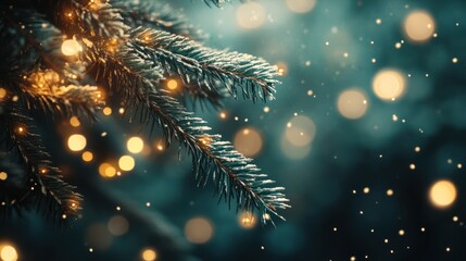 Wall Mural - christmas tree branch with lights bokeh background, vintage toned.
