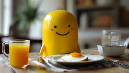 Wall Mural - Joyful Yellow Character Enjoying a Delicious Breakfast Spread