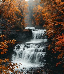 Poster - Waterfall in Autumn Forest